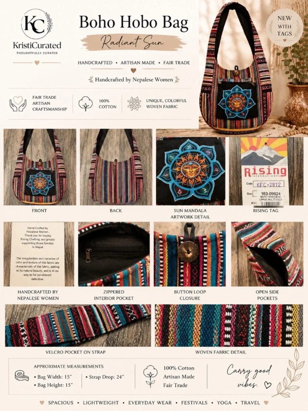 Rising International Large Mandala Sun Boho Hobo Bag Handcrafted Nepal NWT